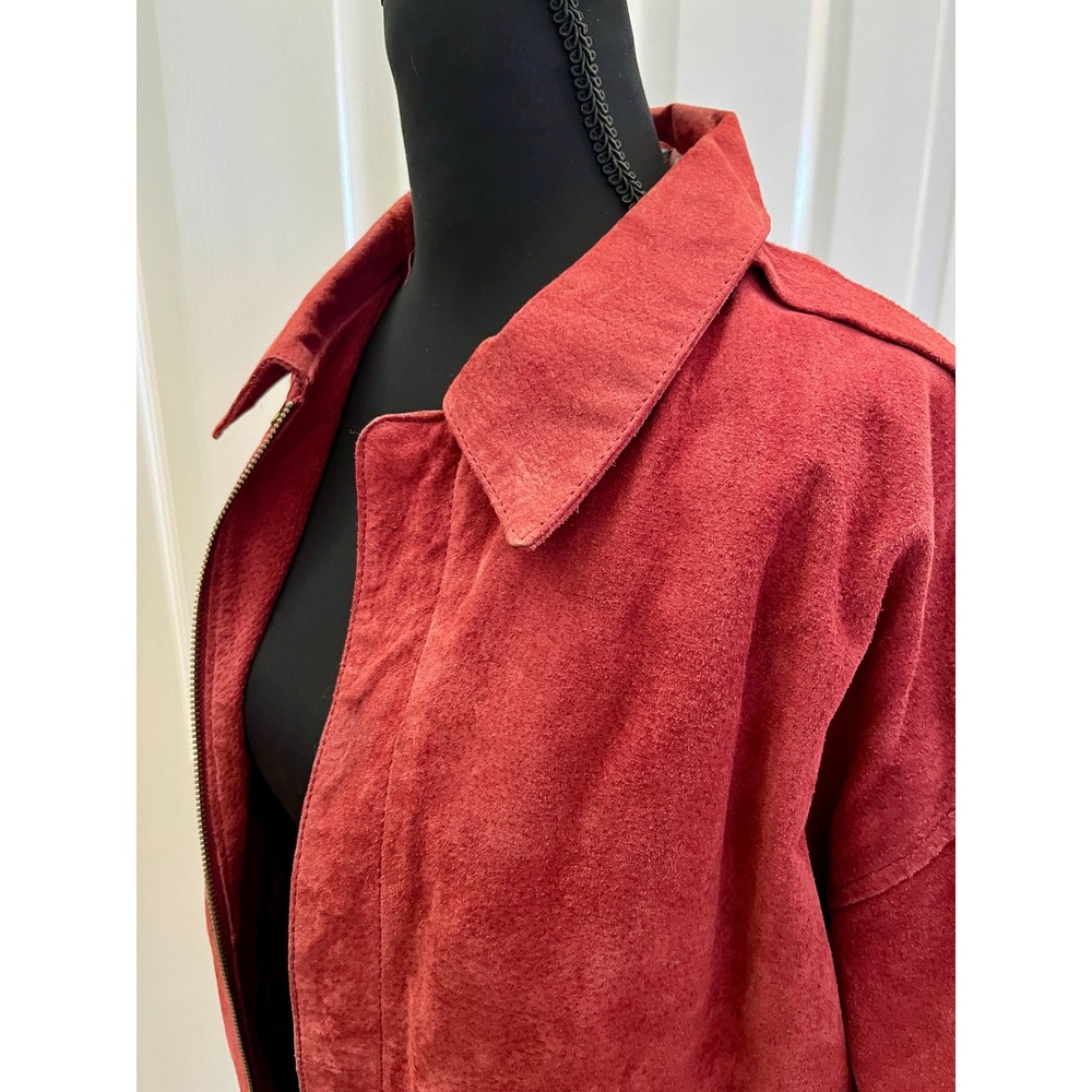 JLC Suede Bomber Jacket Womens L Red Excellent Vintage Equestrian Lining Zip Up